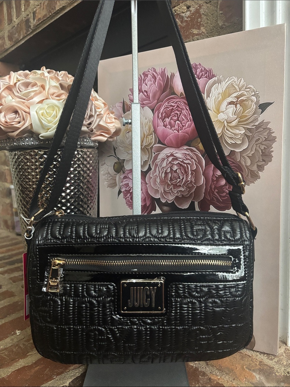 Juicy Couture Black Quilted Patent Crossbody with Gold Hardware